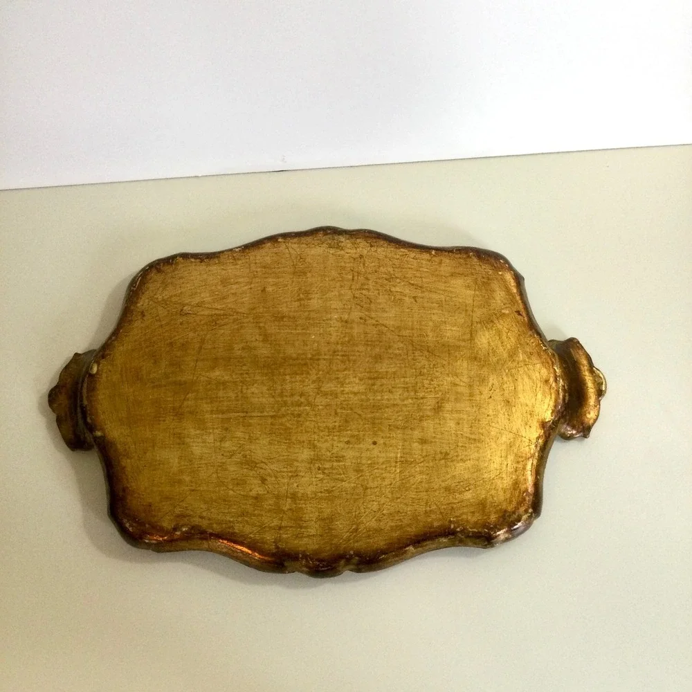 Vintage Florentine Wood Tray Gold Leaf Red Hand Painted Italian Scalloped 13.5in